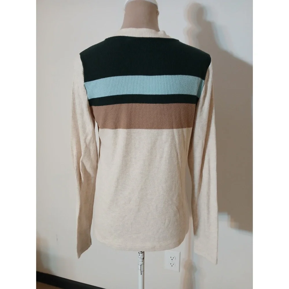 Lands End Womens M 10-12 Ribbed Henley Long Sleeve Striped Top Cream Blue Tan - Picture 5 of 11